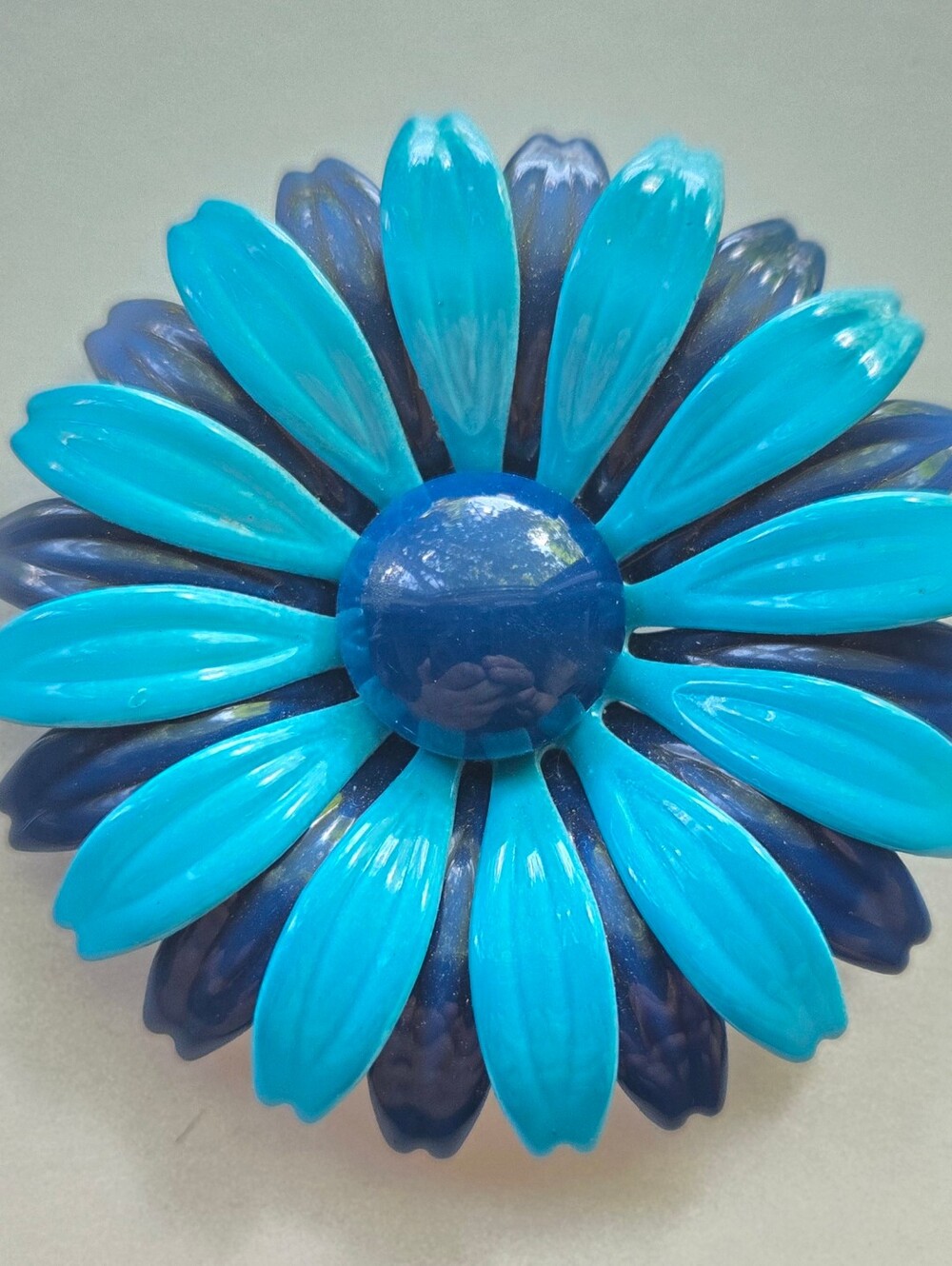 Vintage Mid Century Metal Enamel Flower Brooch Two-Tone Blue Daisy Flower Power